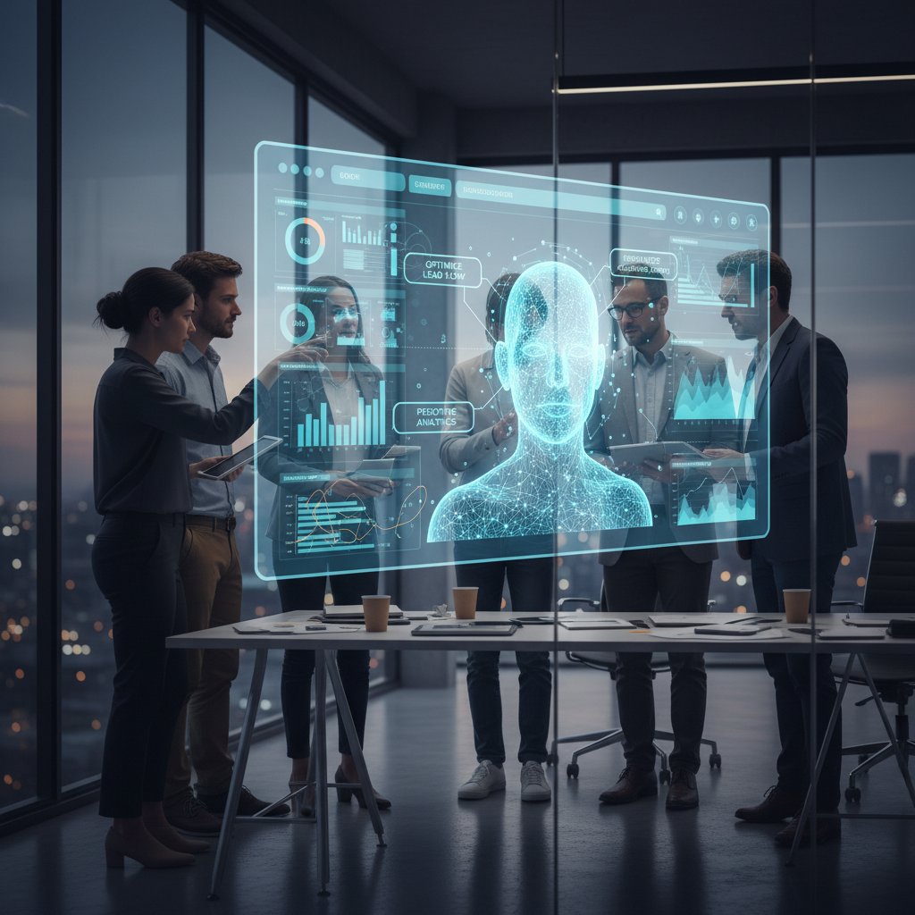 Zespół biznesowy analizujący dane CRM z doradcą AI na ekranie