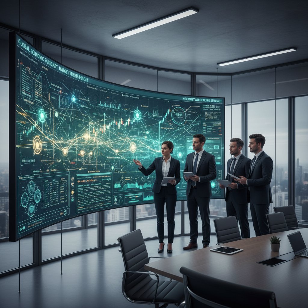 Zespół biznesowy analizujący symulację ekonomiczną na dużym ekranie