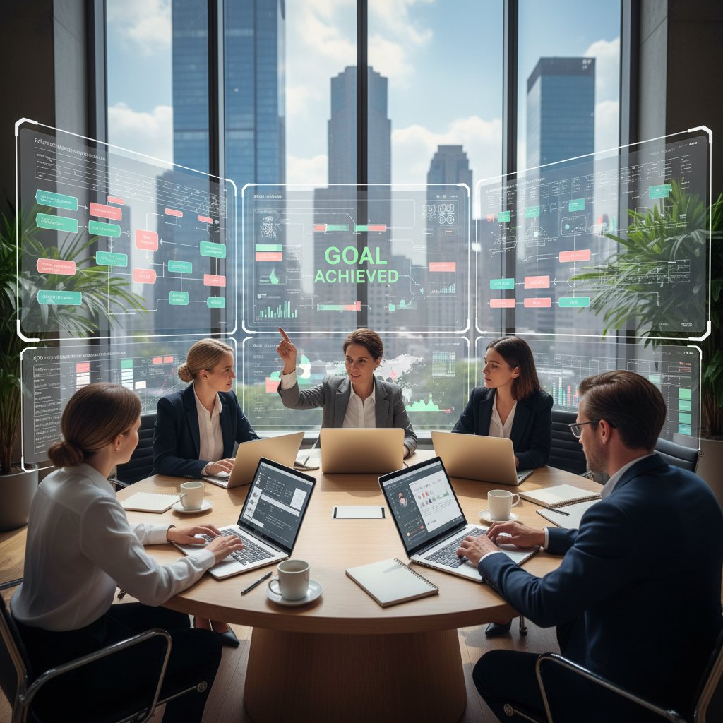 Zespół korzystający z laptopów i ekranów do zarządzania procesami