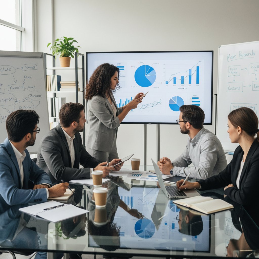 Photo of corporate strategy team reviewing market data, with clear KPIs displayed.