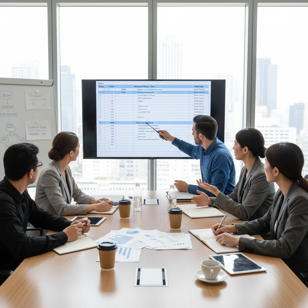 Zespół wyceniający projekt IT podczas spotkania biznesowego