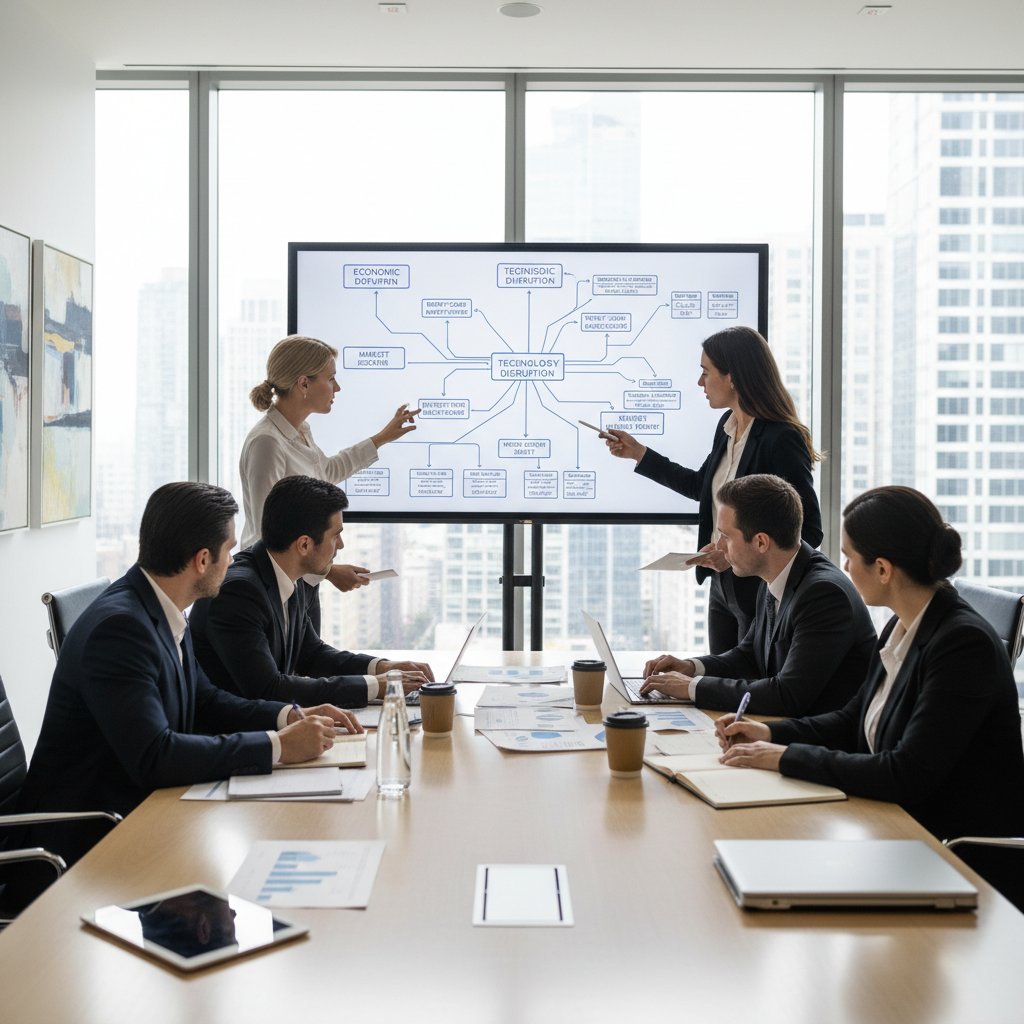 Zespół analizujący scenariusze biznesowe na spotkaniu