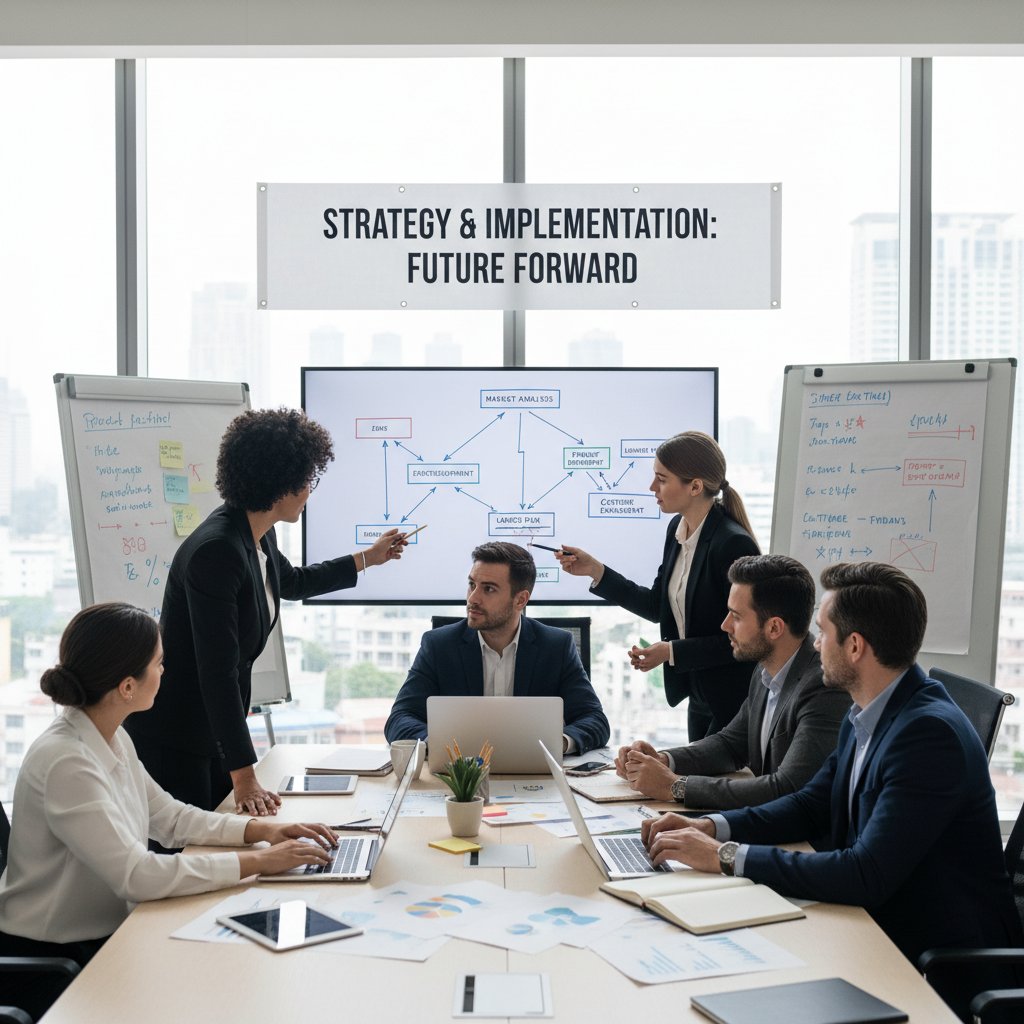 Zespół biznesowy wdrażający nową strategię w biurze