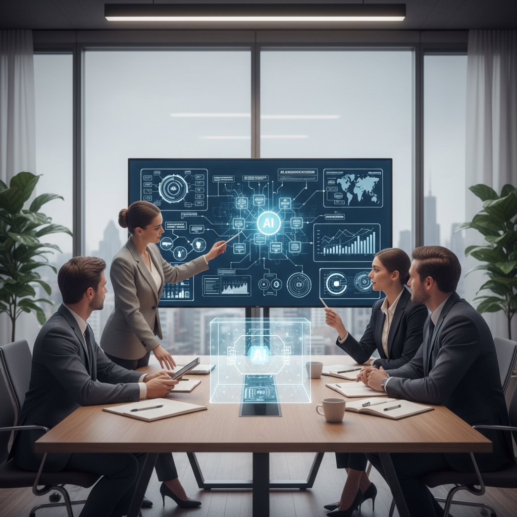 Zespół menedżerów analizujących strategię wdrożenia AI do monitorowania konkurencji