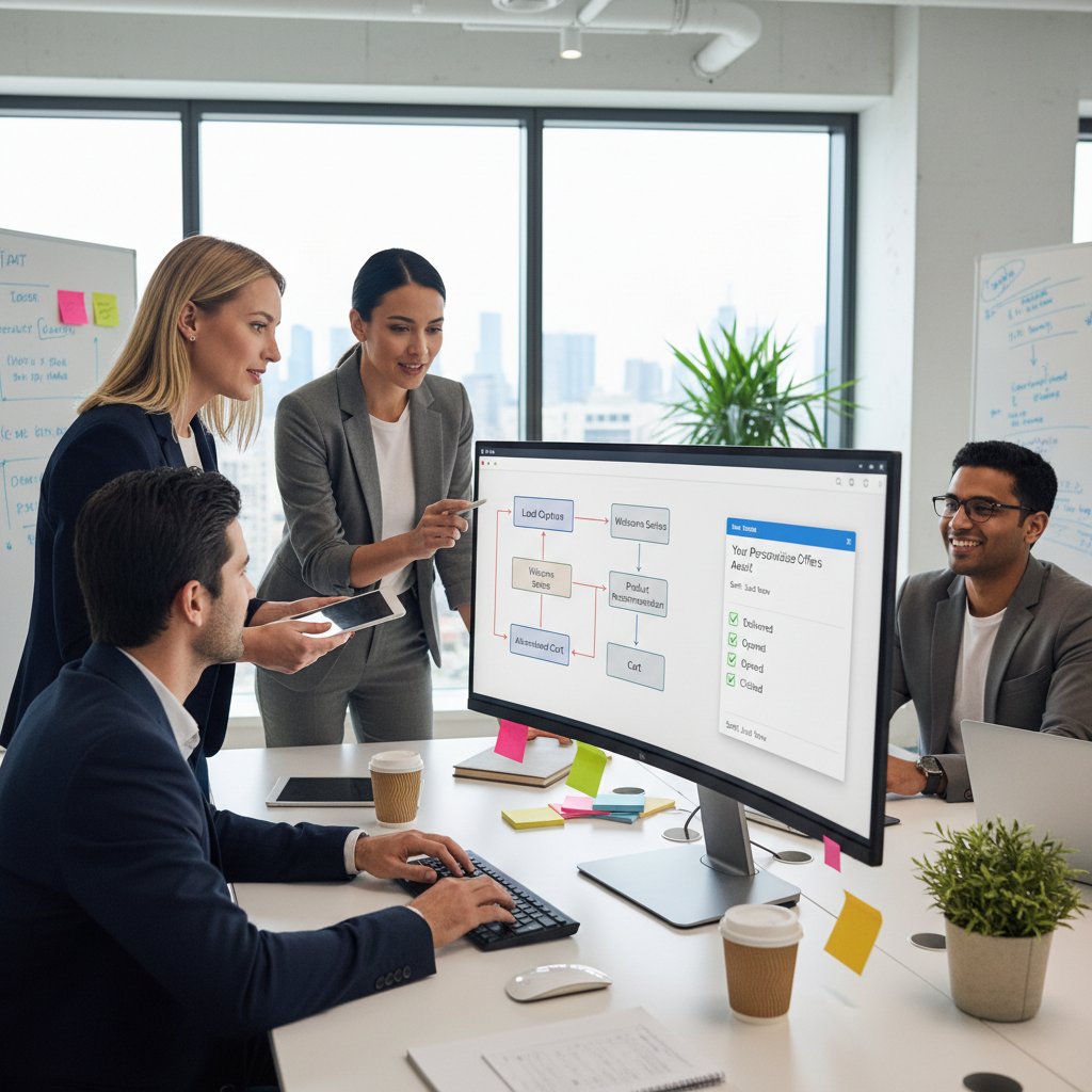 Zespół testujący różne narzędzia automatyzacji emaili na ekranie komputera