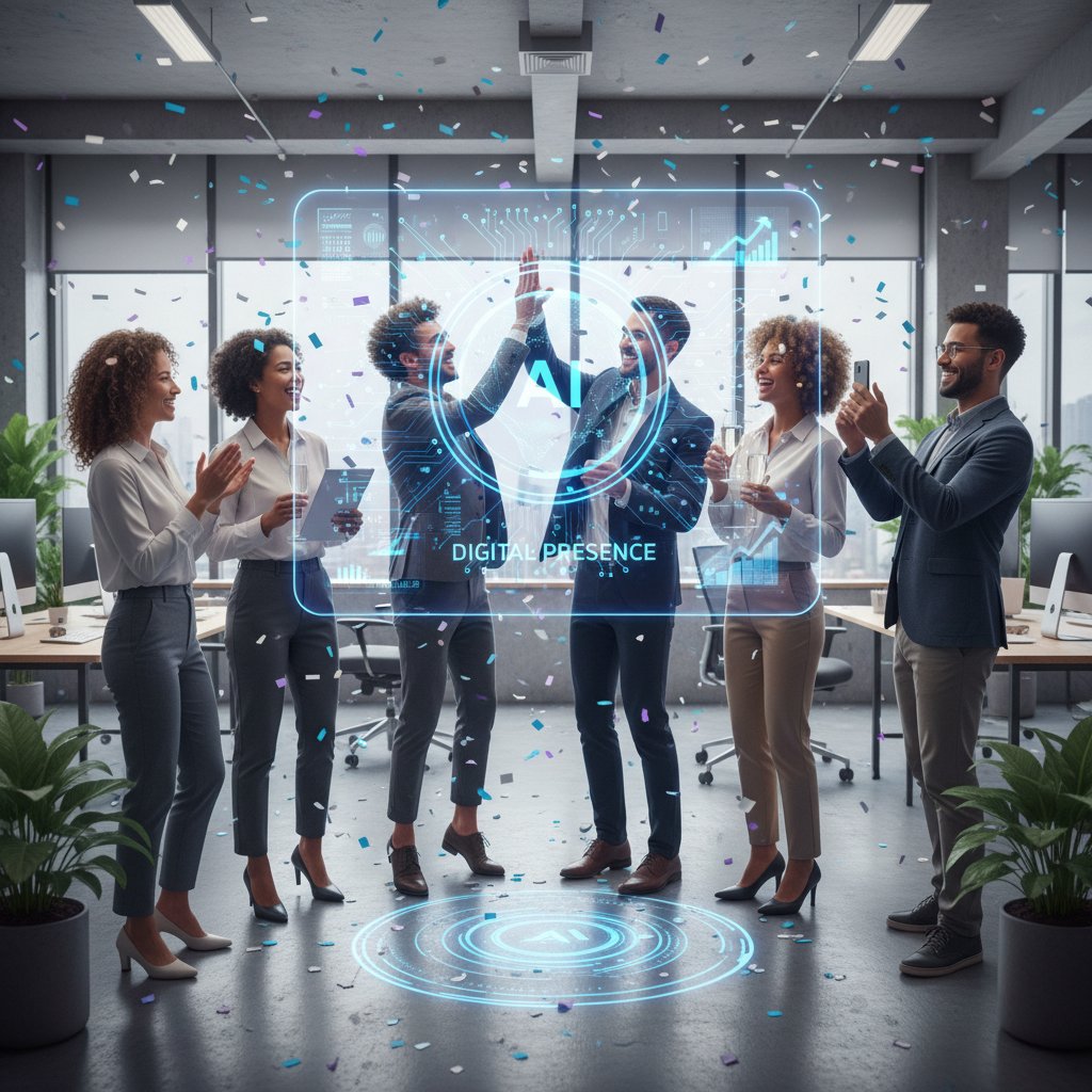 Team celebrating successful AI integration with a visible AI presence in a modern office