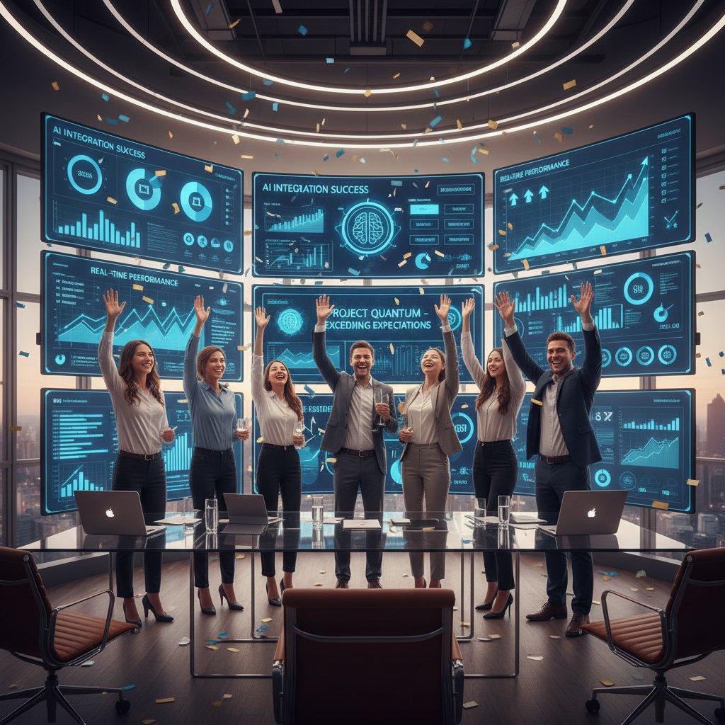 Business team celebrating over real-time AI dashboards, reflecting authentic success in AI integration