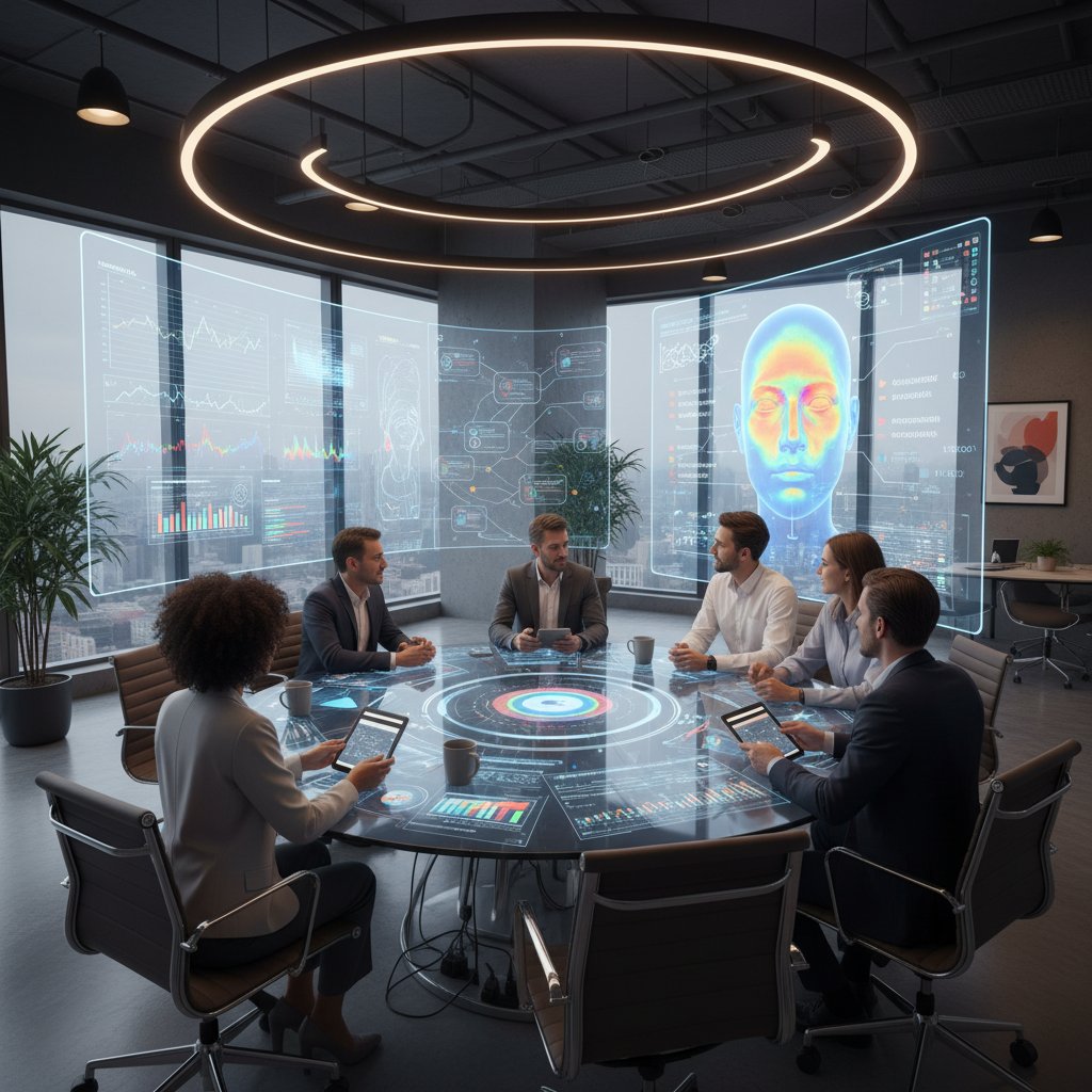 Zespół biznesowy korzystający z narzędzi AI, analiza emocji na ekranach komputerów, nowoczesne biuro