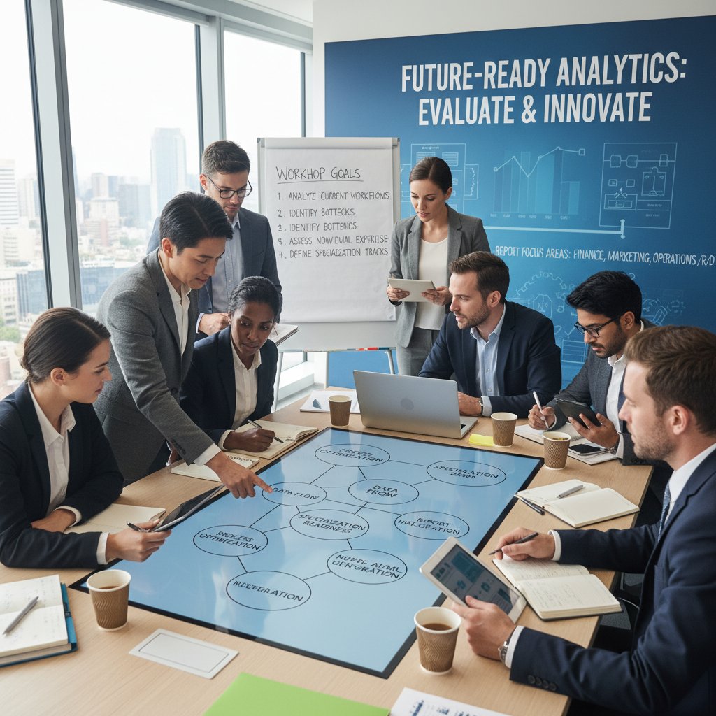 Business team in a workshop, evaluating their processes for report specialization readiness