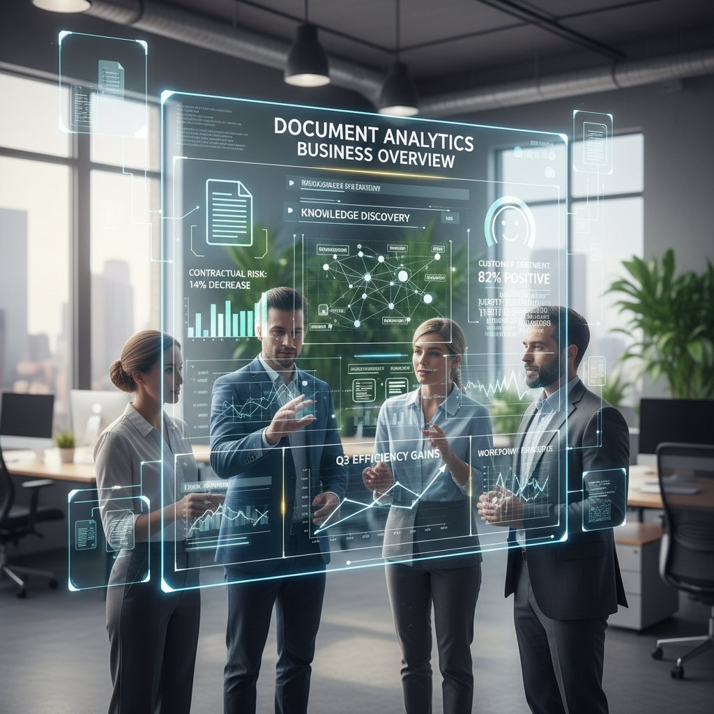 Photo showing business teams collaborating around a digital dashboard with document analytics insights driving unconventional business advantages