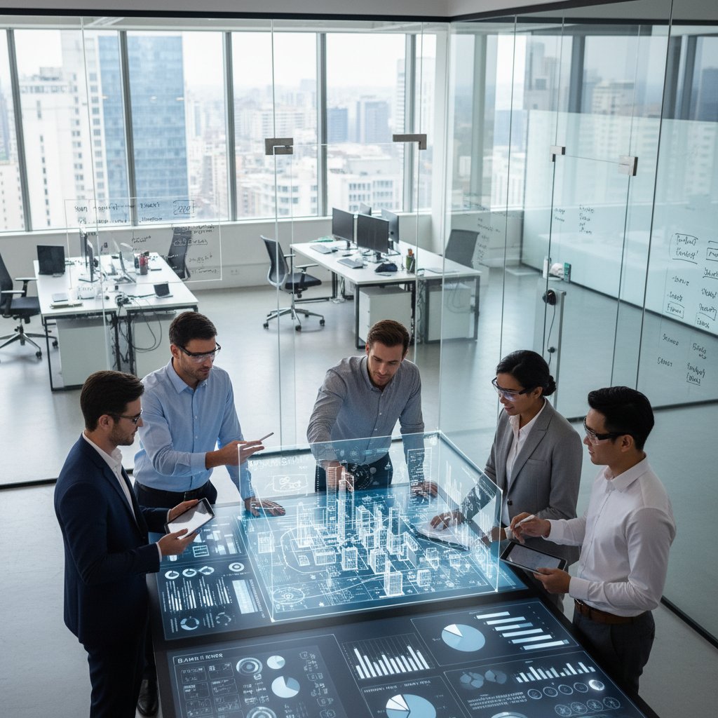 Grupa profesjonalistów podczas praktycznego szkolenia online, branża biznesowa, nowoczesne technologie, szkolenia online w firmie