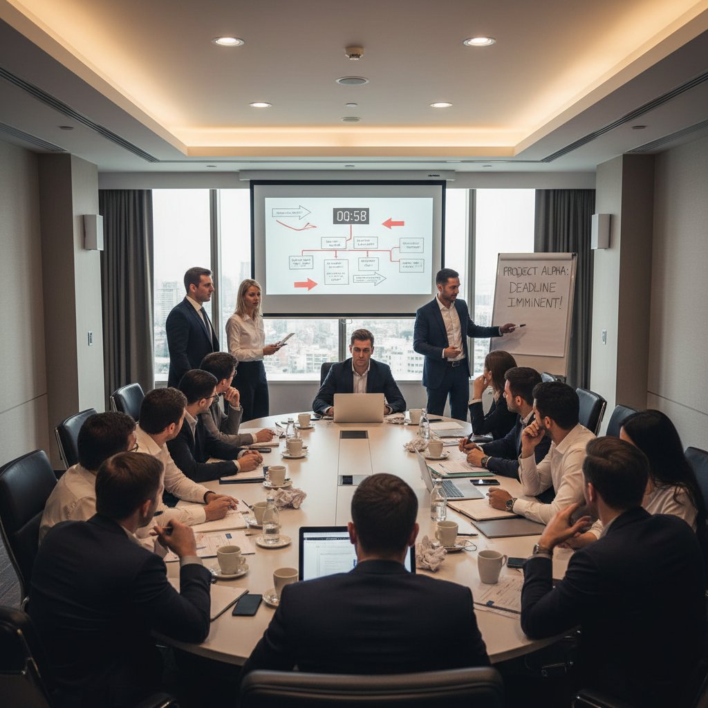 Zespół podczas intensywnego szkolenia w hotelu, skupienie i presja