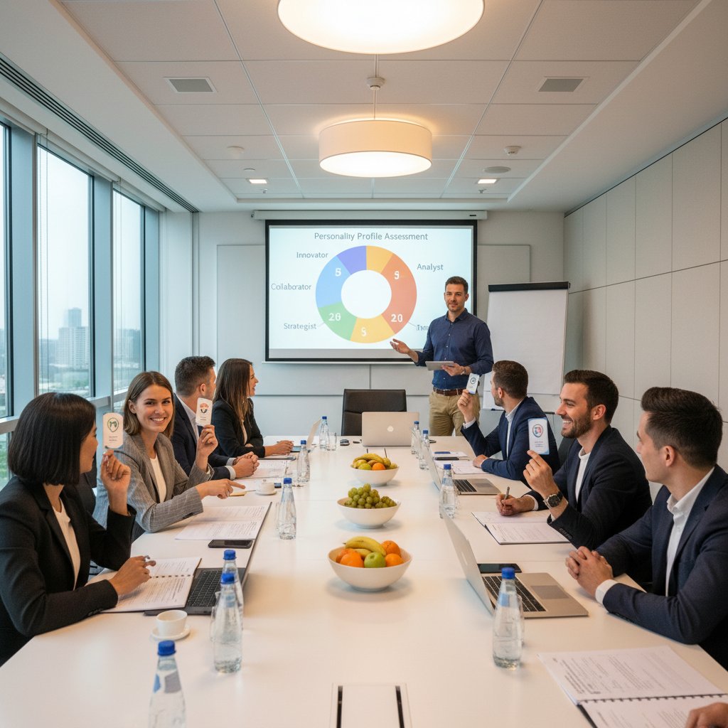 Trener prowadzi szkolenie MBTI w nowoczesnej sali konferencyjnej