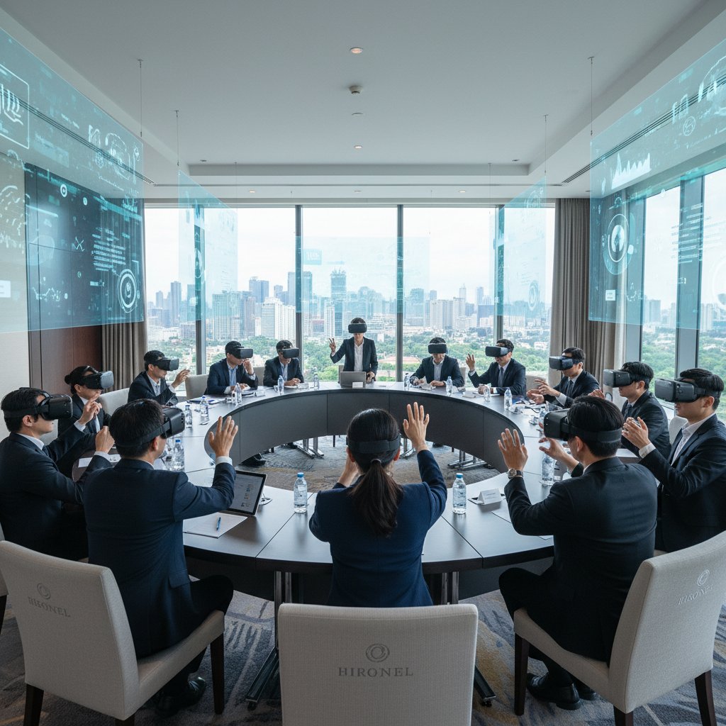 Uczestnicy szkolenia VR w hotelu, gogle na oczach, zaangażowanie