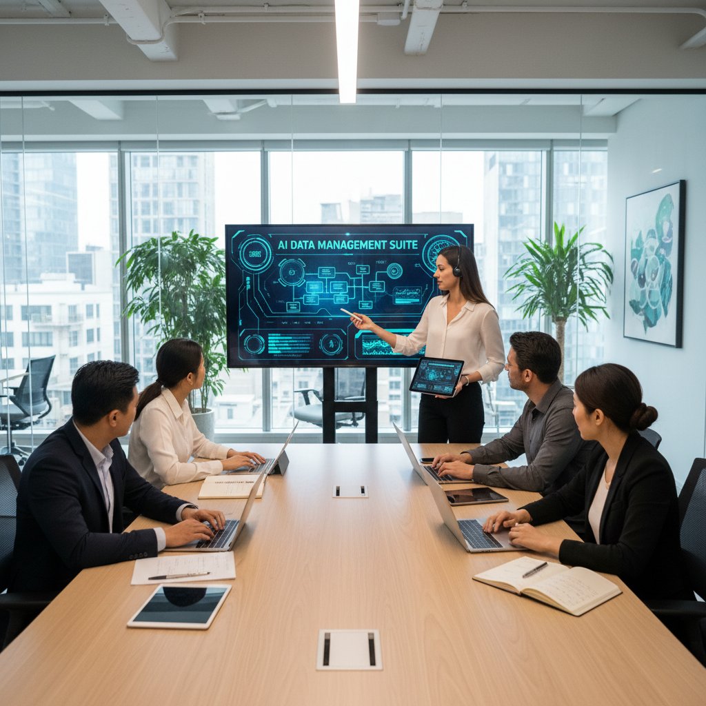 Business training session showing diverse team learning new AI-powered data management tools