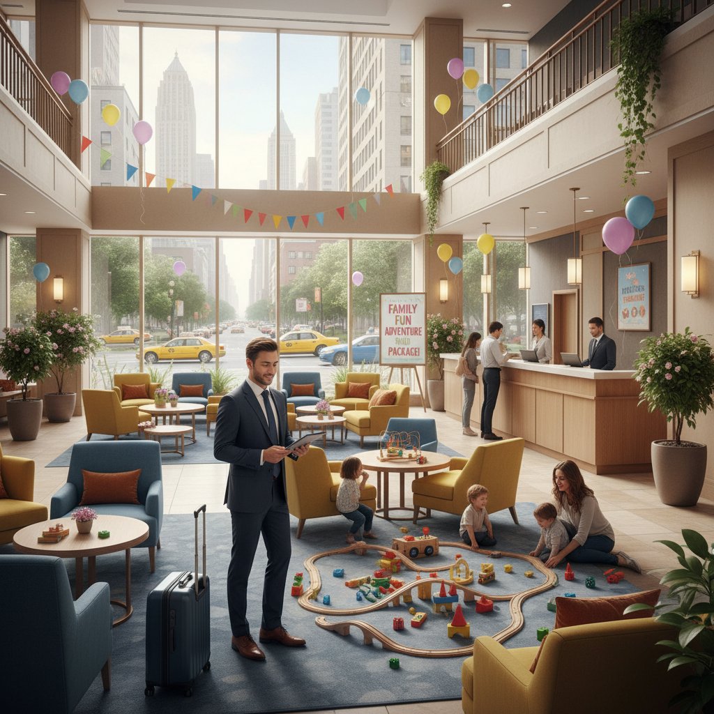 Contrasting photo of a business traveler rushing through a lobby vs. a family relaxing in a lounge, city hotel background, central hotels