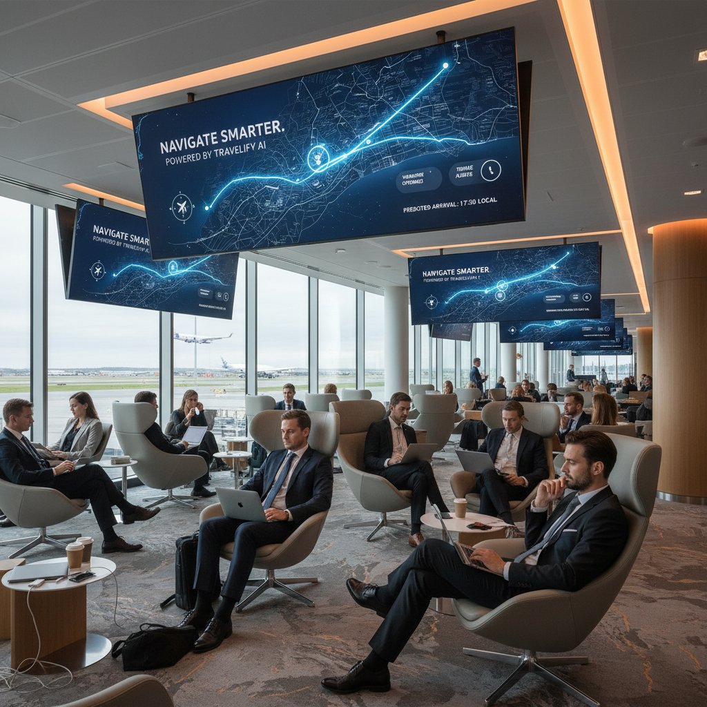Business travelers at airport lounges with digital displays showing sponsored smart route suggestions