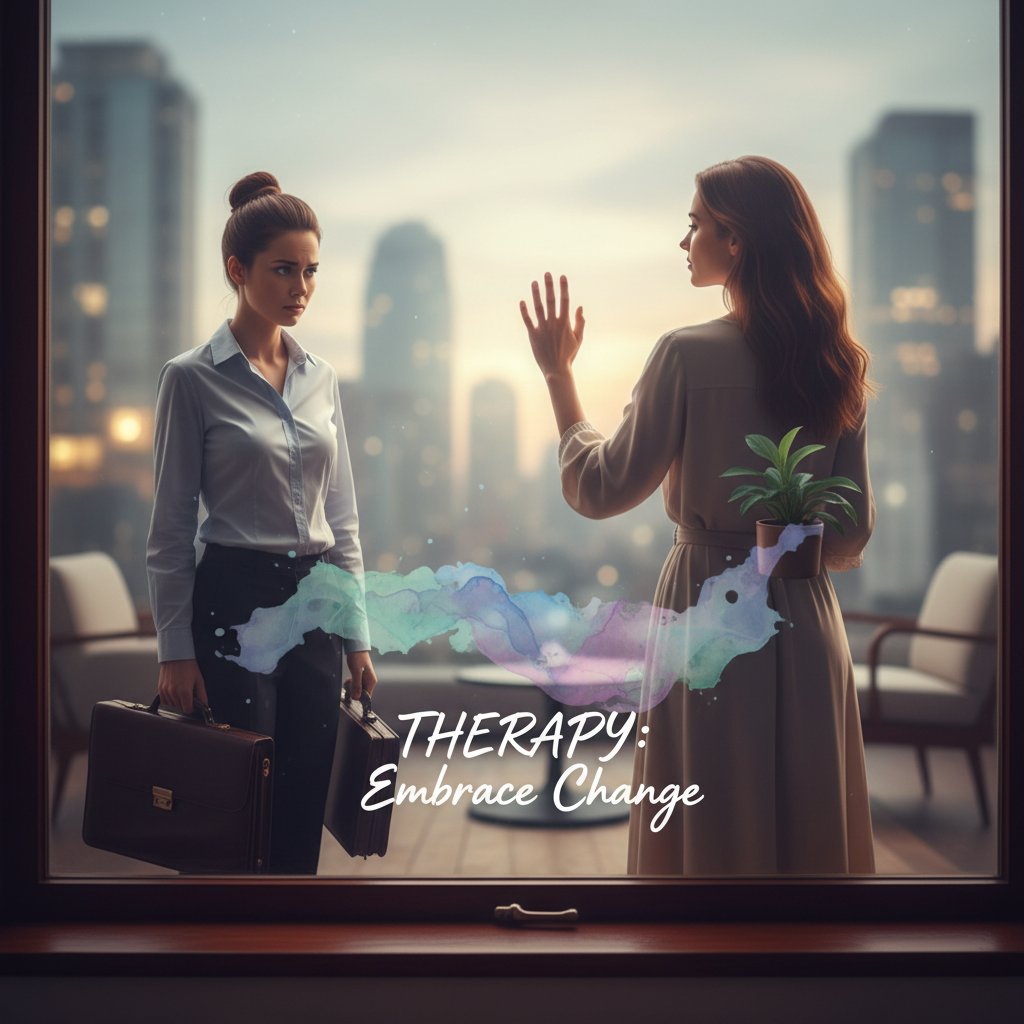 Autentyczna fotografia menedżerki patrzącej przez okno biurowca, symbolizującej refleksję i przemianę podczas terapii