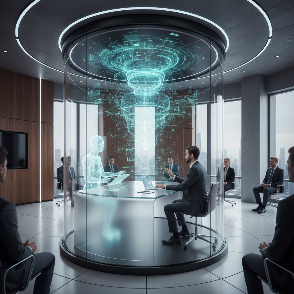 Biznesmen prowadzi negocjacje z AI poprzez symulator na dużym ekranie, sala konferencyjna, nowoczesny design