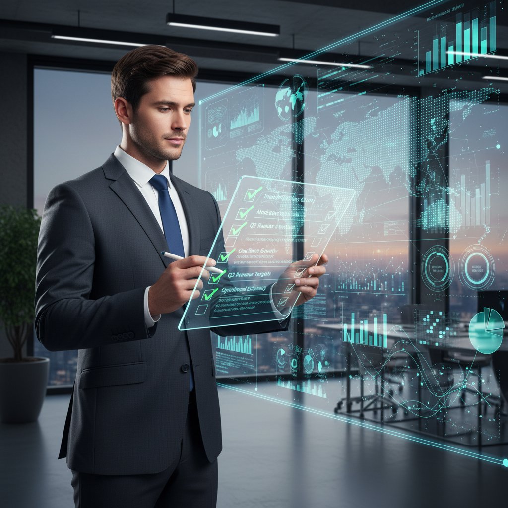 Zdjęcie przedsiębiorcy analizującego checklistę przy biurku, decyzja o wyborze narzędzi analitycznych