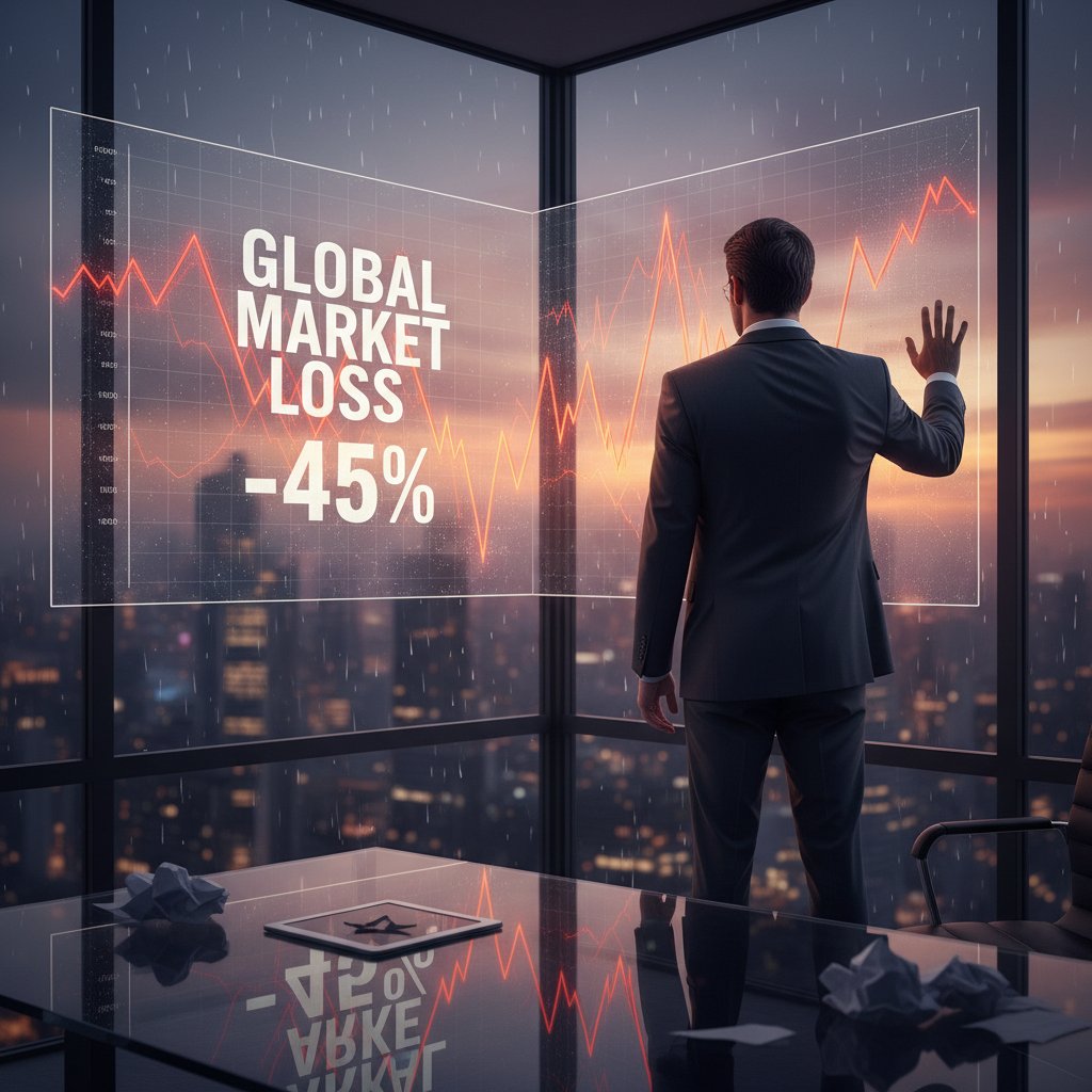 Biznesmen patrzy z niepokojem na zmniejszające się wykresy na ekranie laptopa – konsekwencja braku analizy rynku