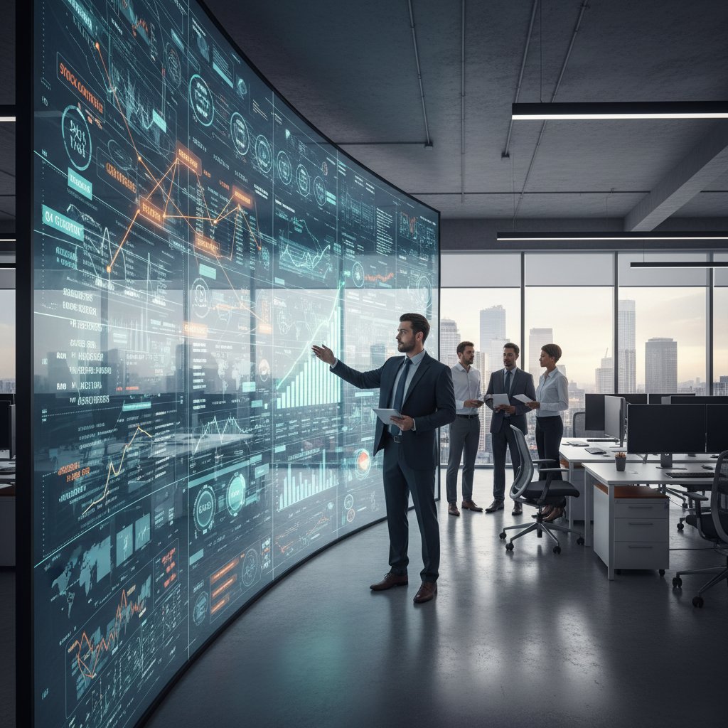 Biznesmen analizuje wykresy danych rynkowych na dużym ekranie w nowoczesnym biurze