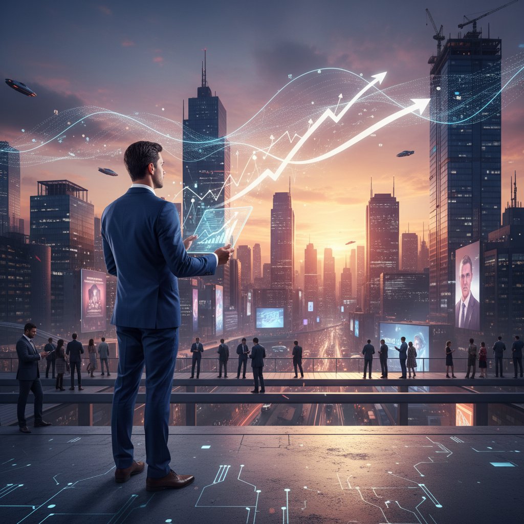 Przedsiębiorca analizujący trendy rynkowe przy dynamicznym wykresie, przyszłość firmy