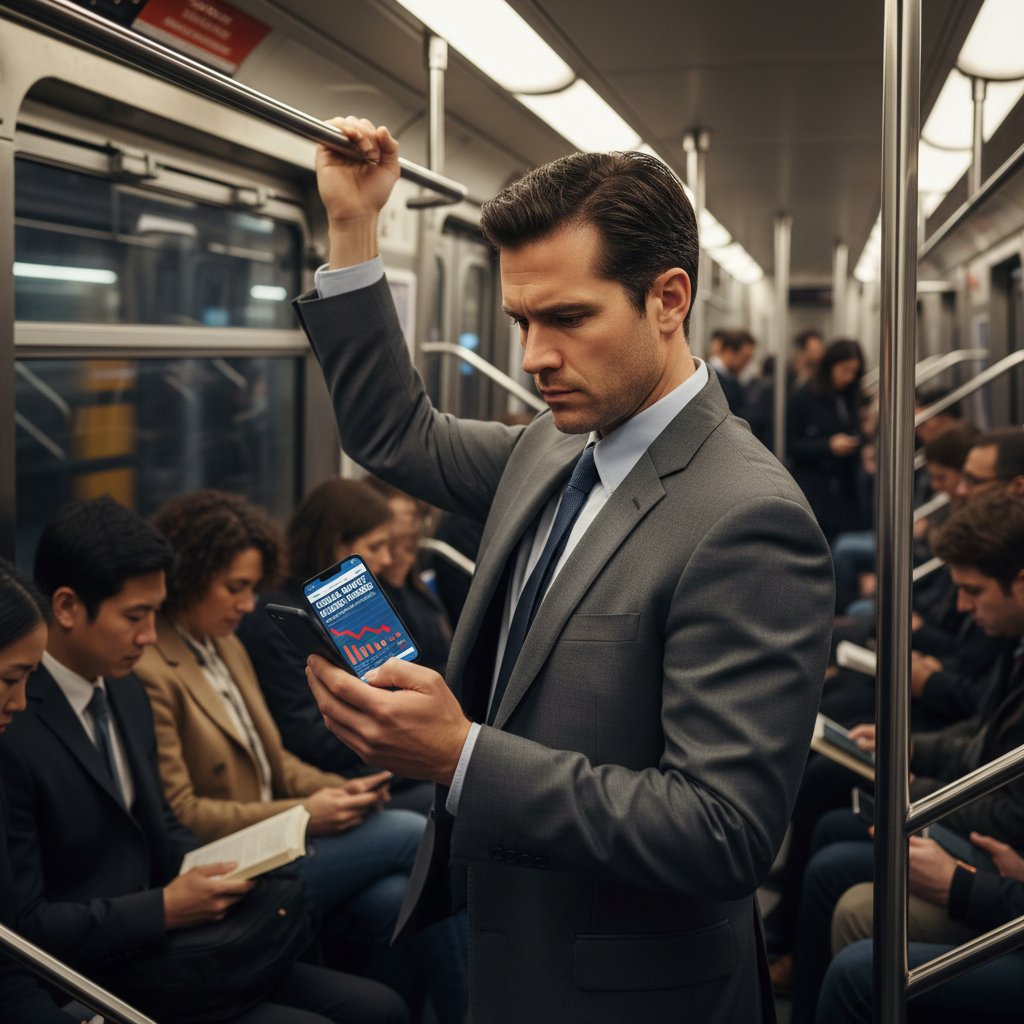 Nagłówek wiadomości gospodarczej wyświetlany na ekranie smartfona w zatłoczonym warszawskim metrze