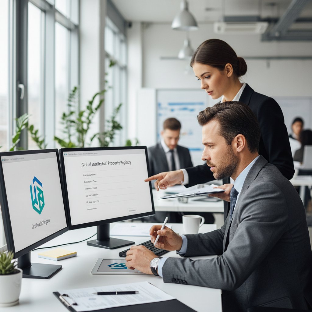 Przedsiębiorca podpisujący dokumenty rejestracyjne logo w urzędzie