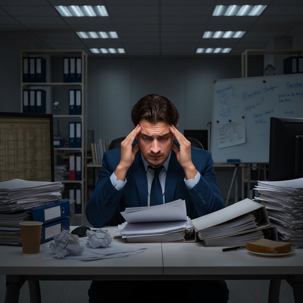Przedsiębiorca analizujący dokumenty w stresującej atmosferze biura