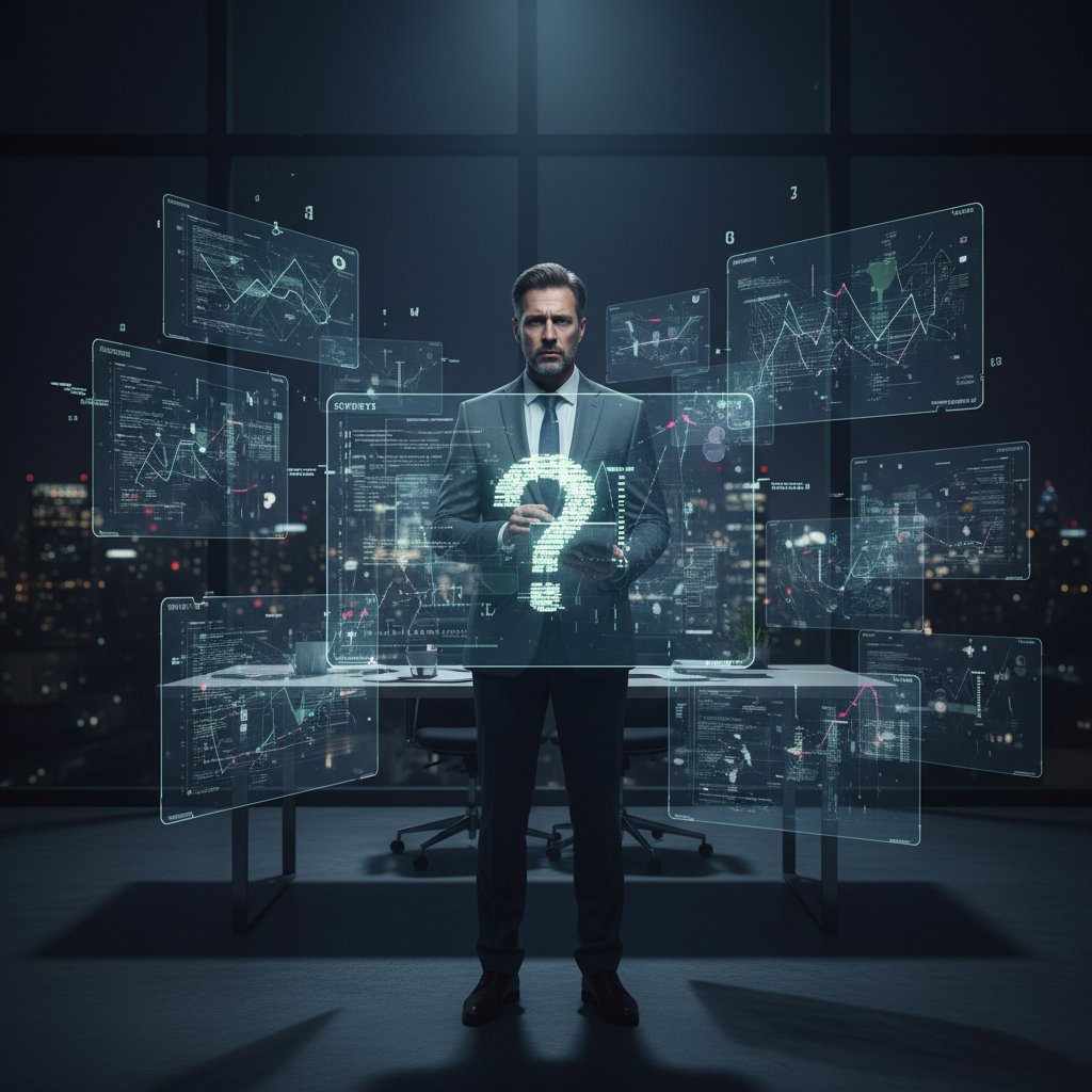 Przedsiębiorca zaniepokojony analizą niepewnych danych na ekranie, ciemne biuro, światło ekranu pada na twarz