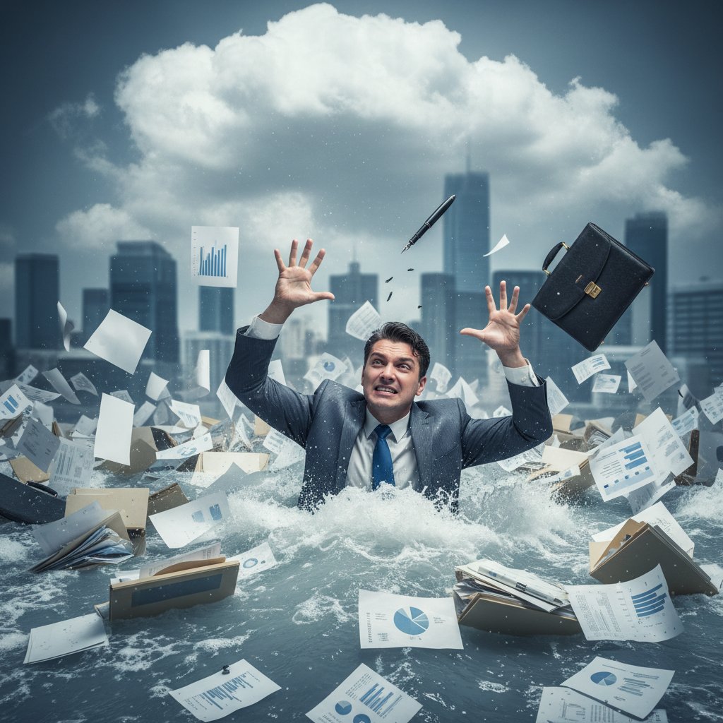 Przedsiębiorca przytłoczony stosami dokumentów i liczb