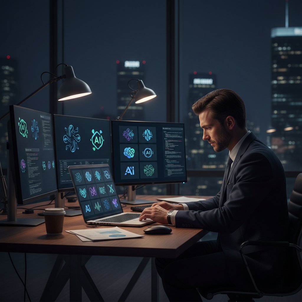 Przedsiębiorca pracujący nocą przy laptopie z logo AI na ekranie, symbolizujący projektowanie logo bez grafika