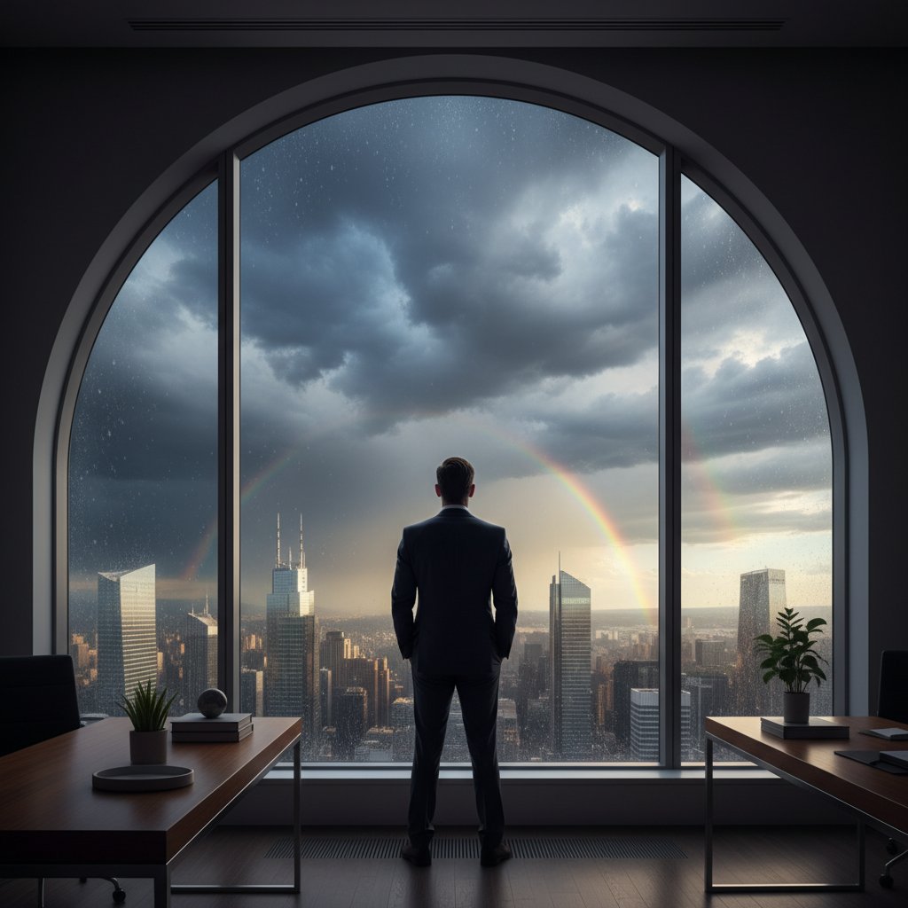 Przedsiębiorca patrzący przez okno biura na rozjaśniające się niebo po burzy, symbol nowej nadziei