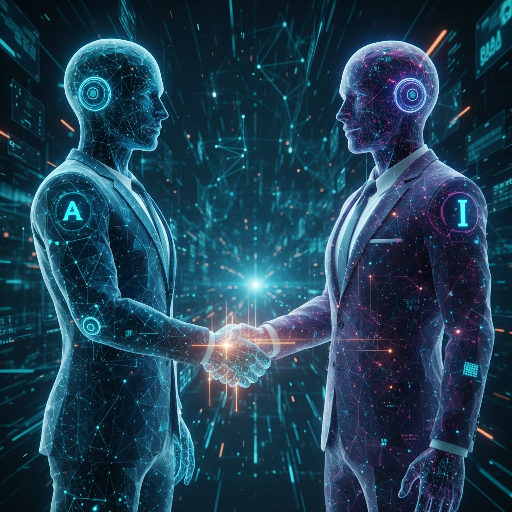 Dwóch biznesmenów ściskających dłonie w biurowcu, w tle ekran z AI avatarami