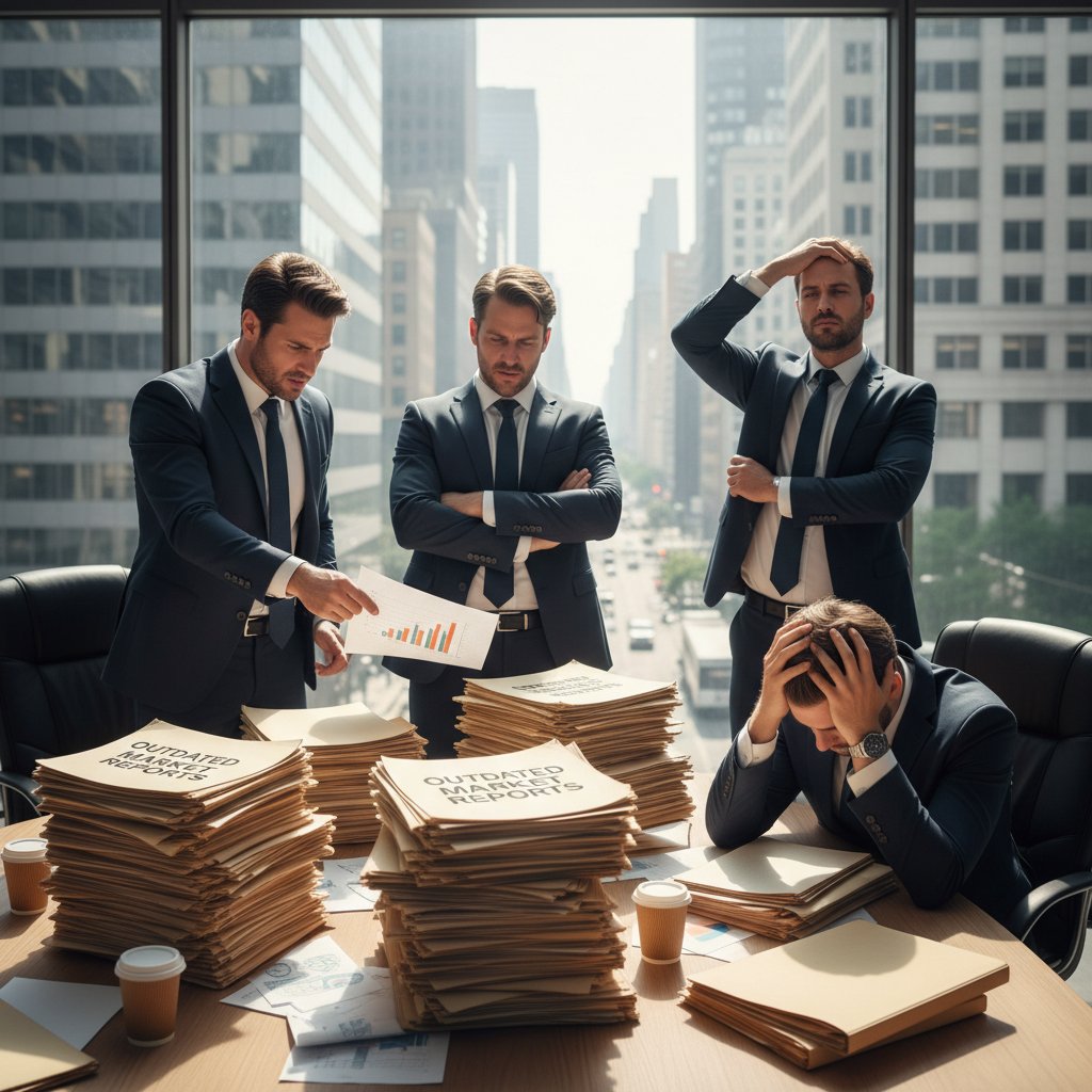 Biznesmeni analizują nieaktualne raporty rynkowe, zdezorientowani i sfrustrowani, urbanistyczne biuro w tle