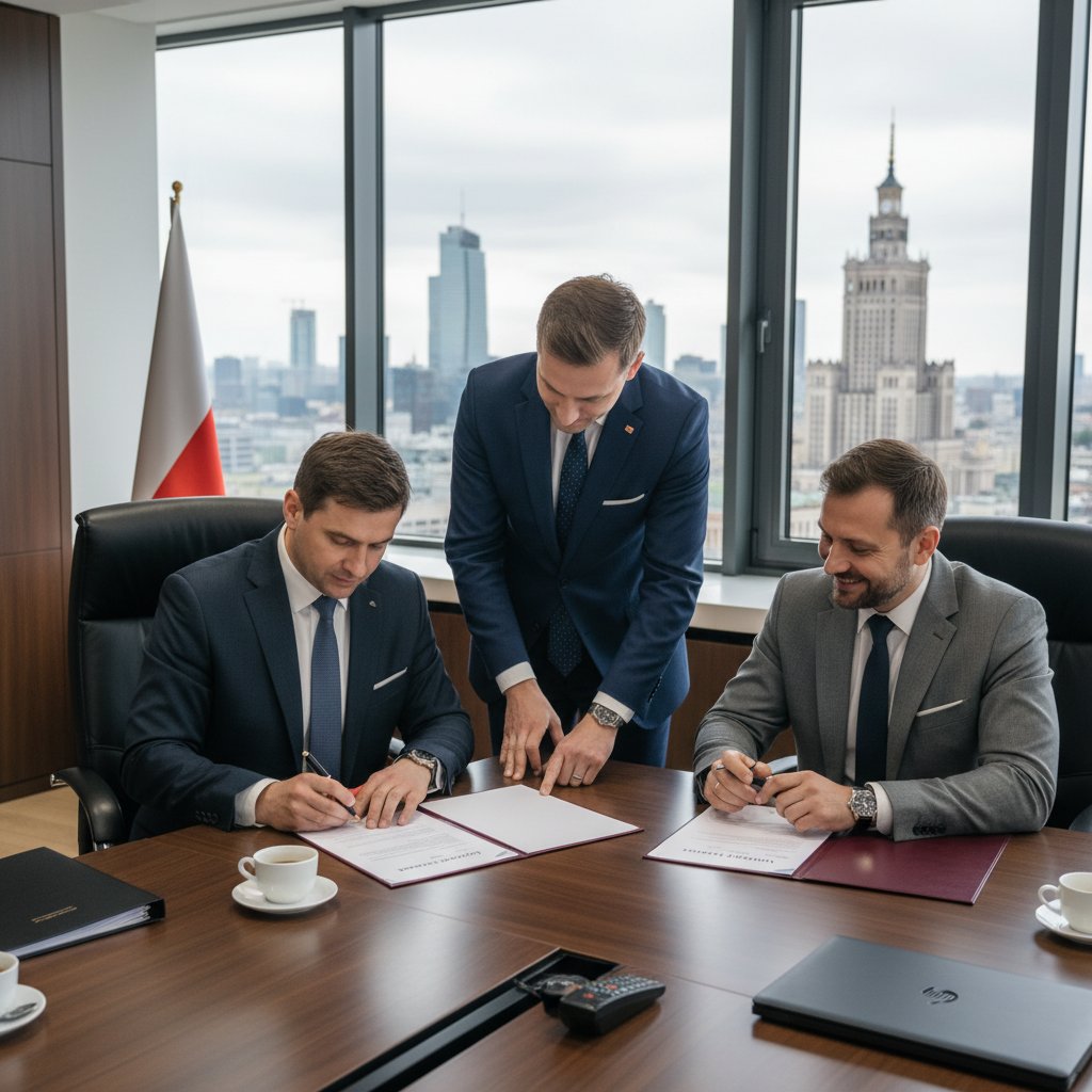 Dwóch ludzi przy stole w sali konferencyjnej, podpisują umowę licencyjną, atmosfera biznesowa, Polska