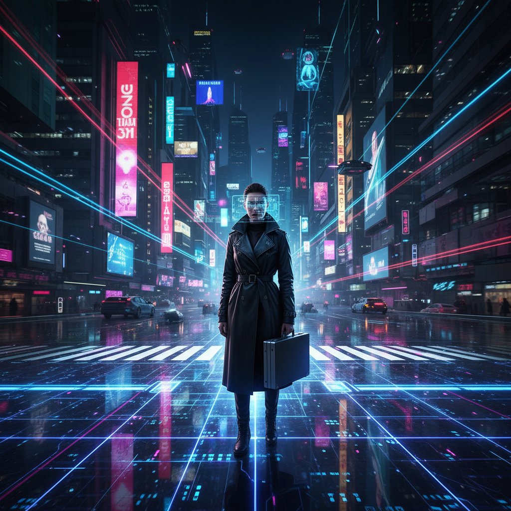 Symboliczny wybór narzędzi analitycznych przez przedsiębiorcę, nocna sceneria miasta, klimat cyberpunk