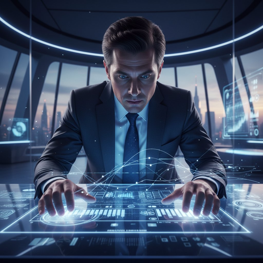 Przedsiębiorca analizujący dane na ekranie, intensywne światło, atmosfera skupienia