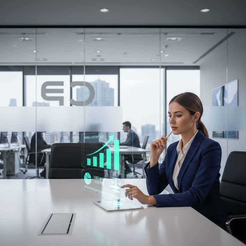 Visualizing admin support ROI in enterprise with photo of businesswoman weighing options