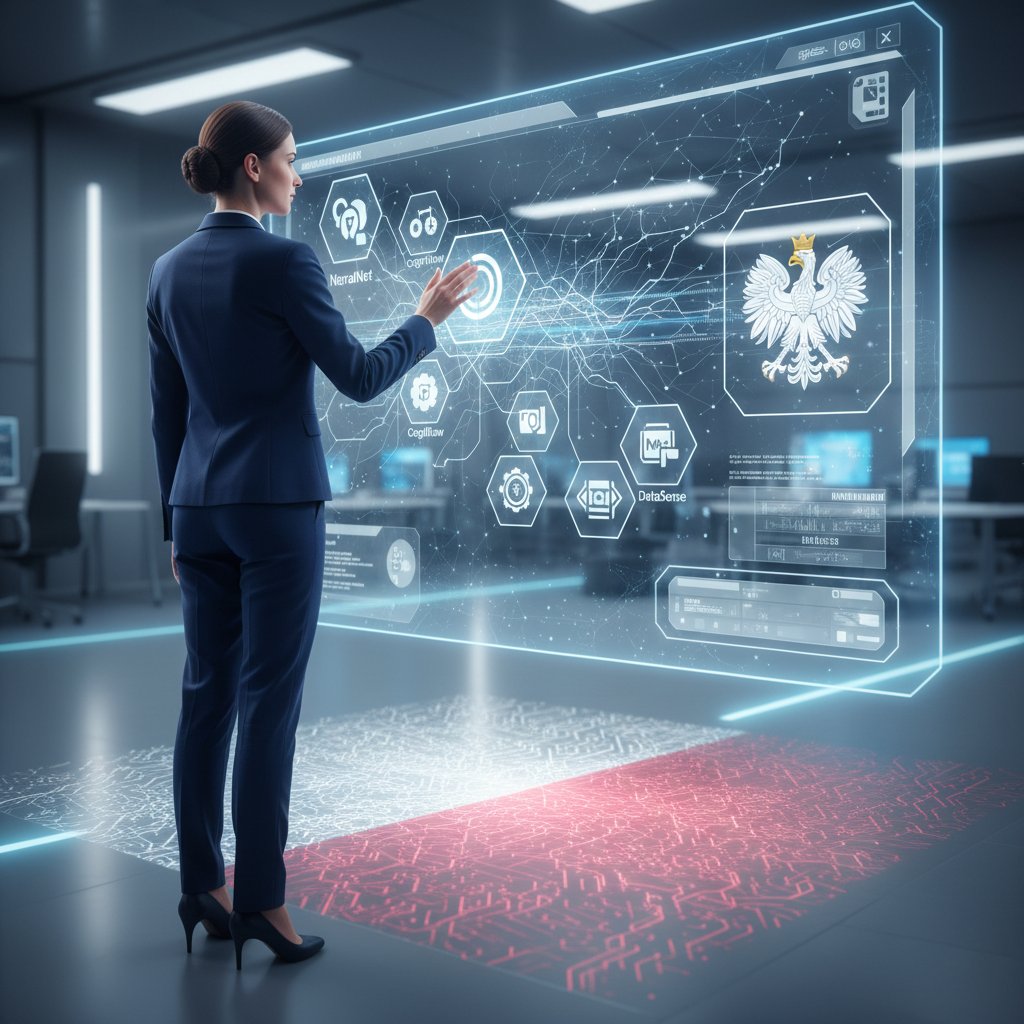 Polska przedsiębiorczyni porównuje platformy AI dla biznesu, laptop, polska flaga w tle