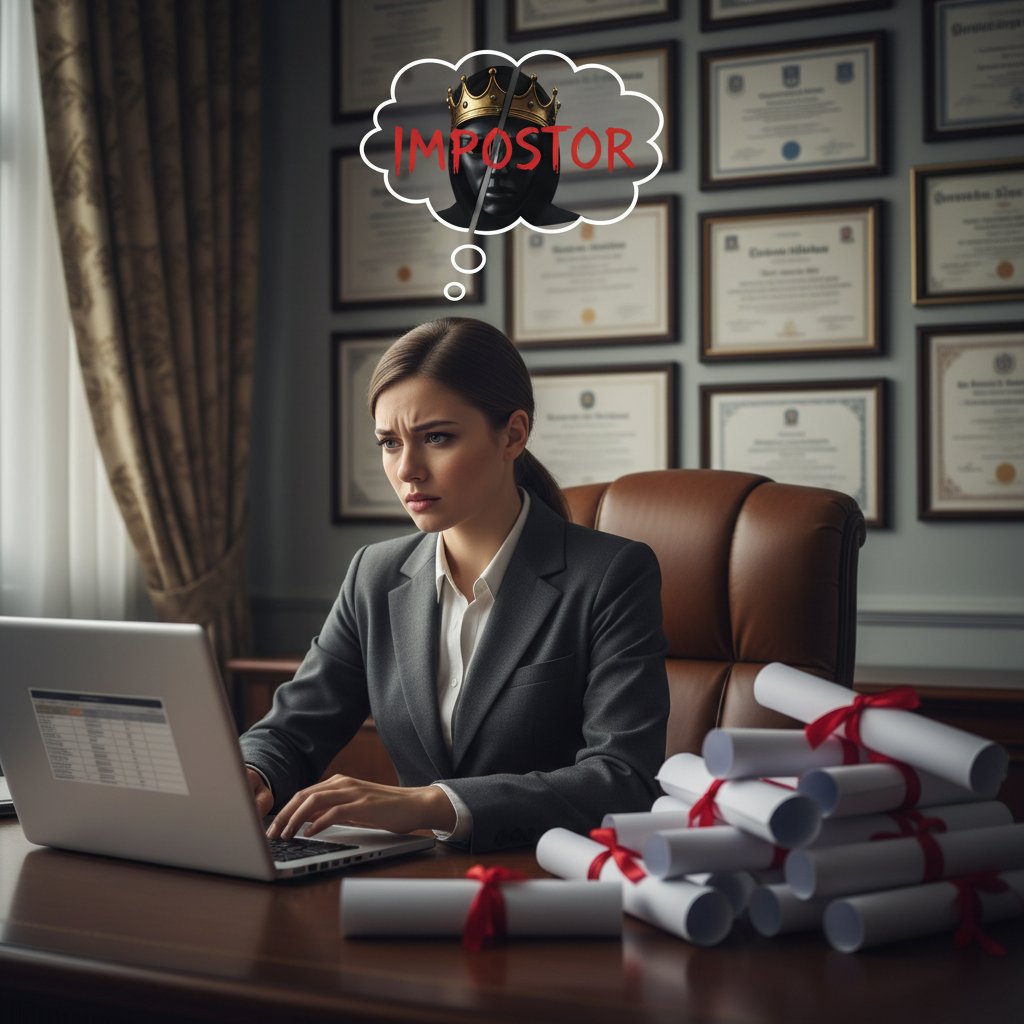 Menadżerka siedząca przy laptopie, z niepewną miną, mimo widocznych dyplomów na ścianie