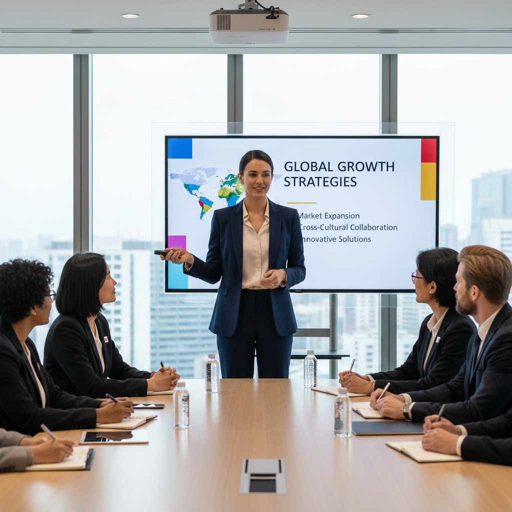 Bizneswoman prezentuje wykres na ekranie, angielskie napisy, grupa międzynarodowa, nowoczesna sala konferencyjna