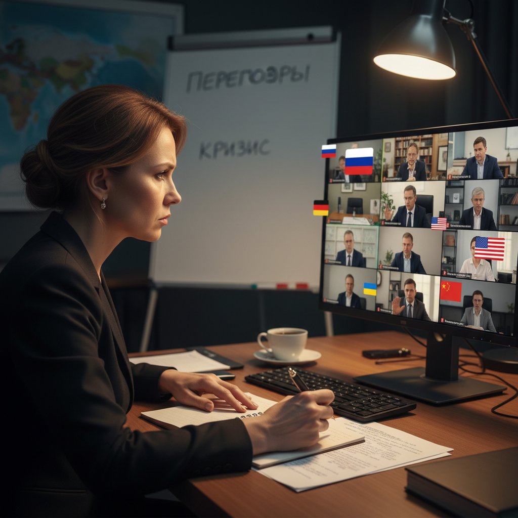 Bizneswoman używająca rosyjskiego podczas spotkania online, wyraz twarzy pełen skupienia, na ekranie flagi Polski i Rosji