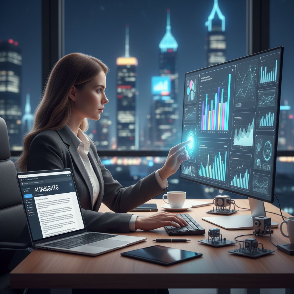 Zdjęcie osoby analizującej dane na laptopie, na ekranie widoczne wykresy związane z blogowaniem AI