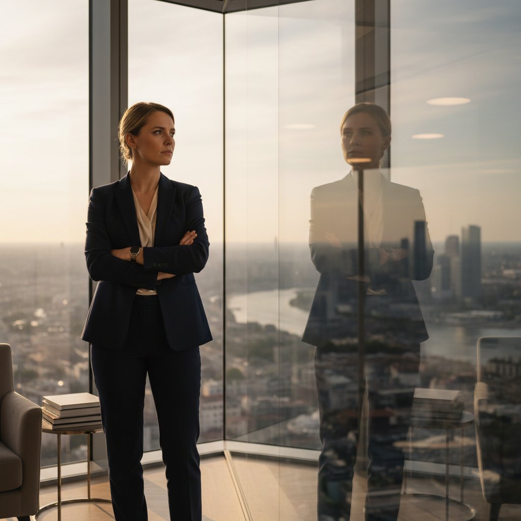 Przedsiębiorczyni patrząca przez okno w zamyśleniu, psychoterapia dla liderów biznesu