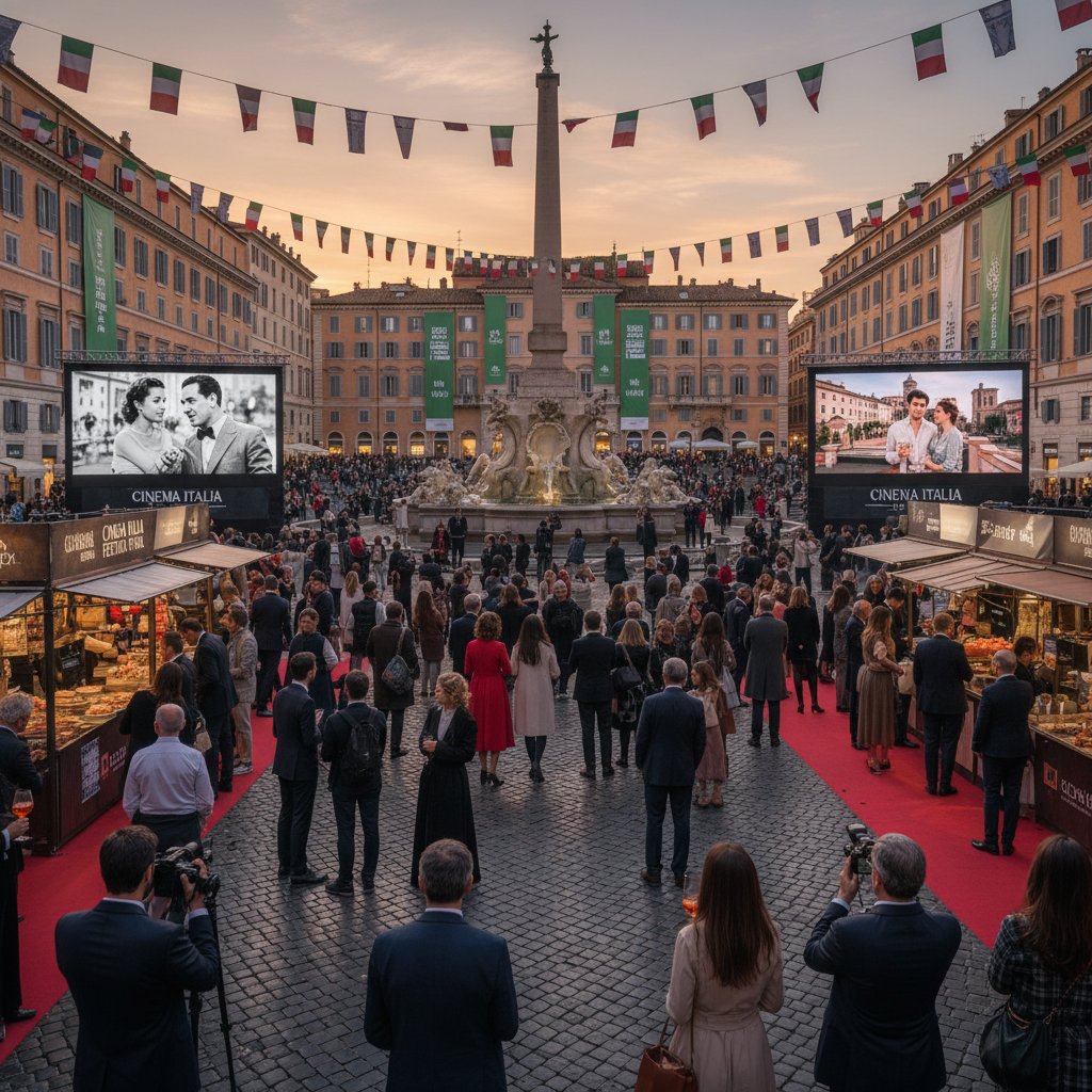 Atmospheric photo of a bustling film festival in Rome, showing crowds, banners, and vibrant energy