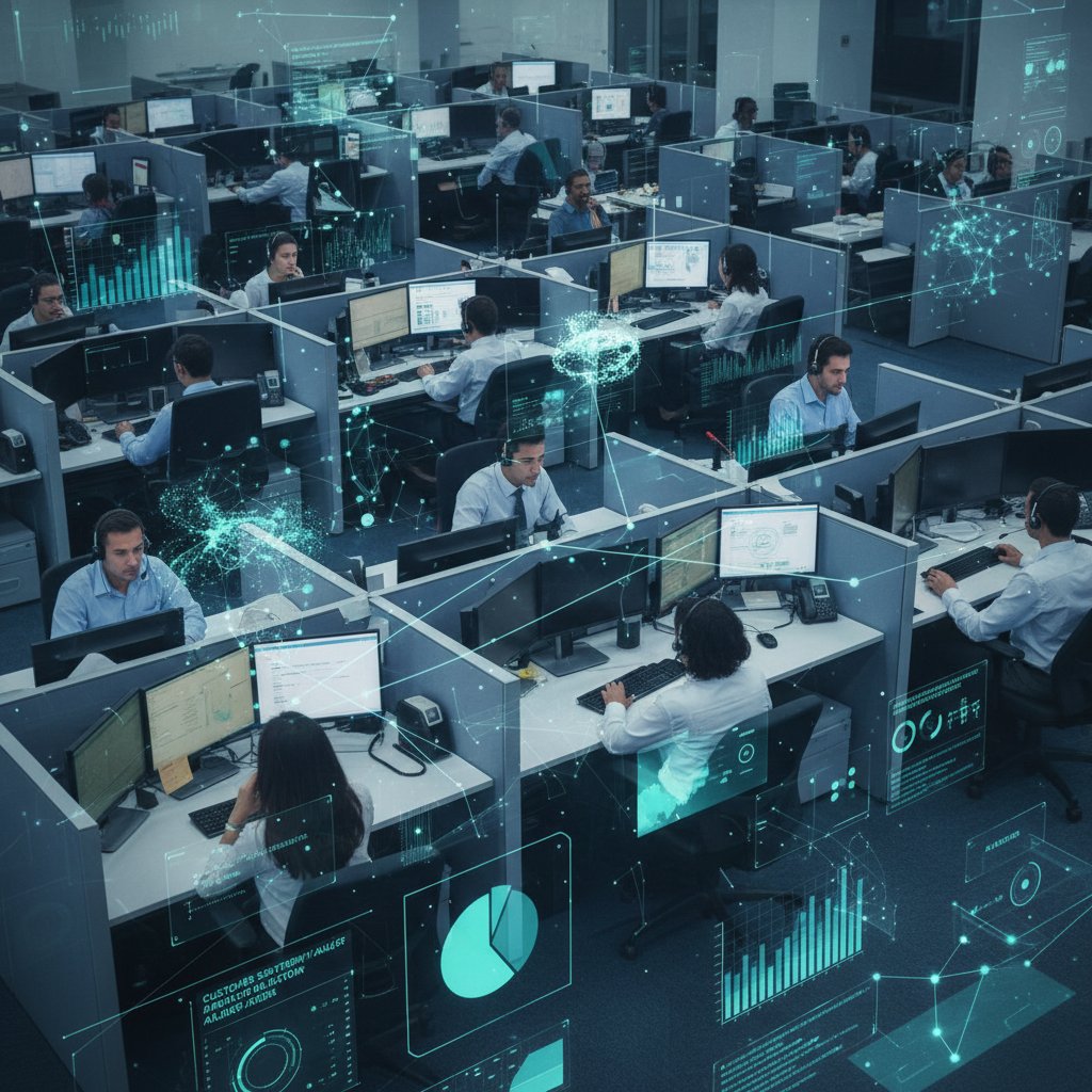Zatłoczone polskie call center z cyfrowym AI na ekranach – obsługa klienta i nowoczesne technologie