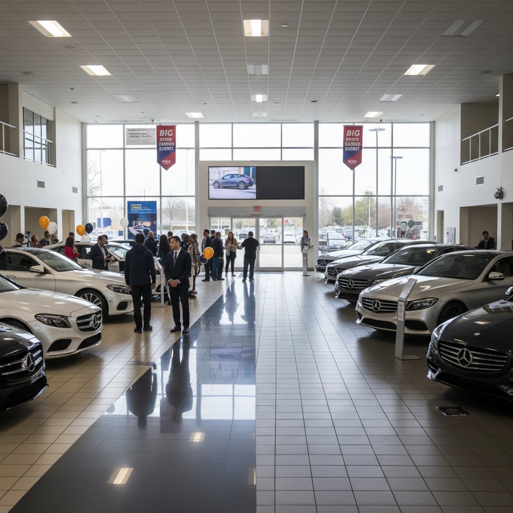 Split-screen of two car dealerships, one busy and vibrant, one empty and quiet, ironic contrasting mood