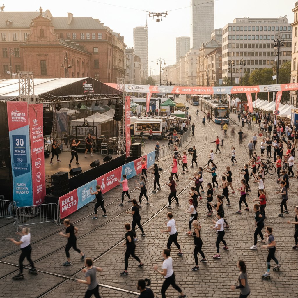 Tłum na miejskim wydarzeniu fitness w Polsce, atmosfera zmiany i aktywności